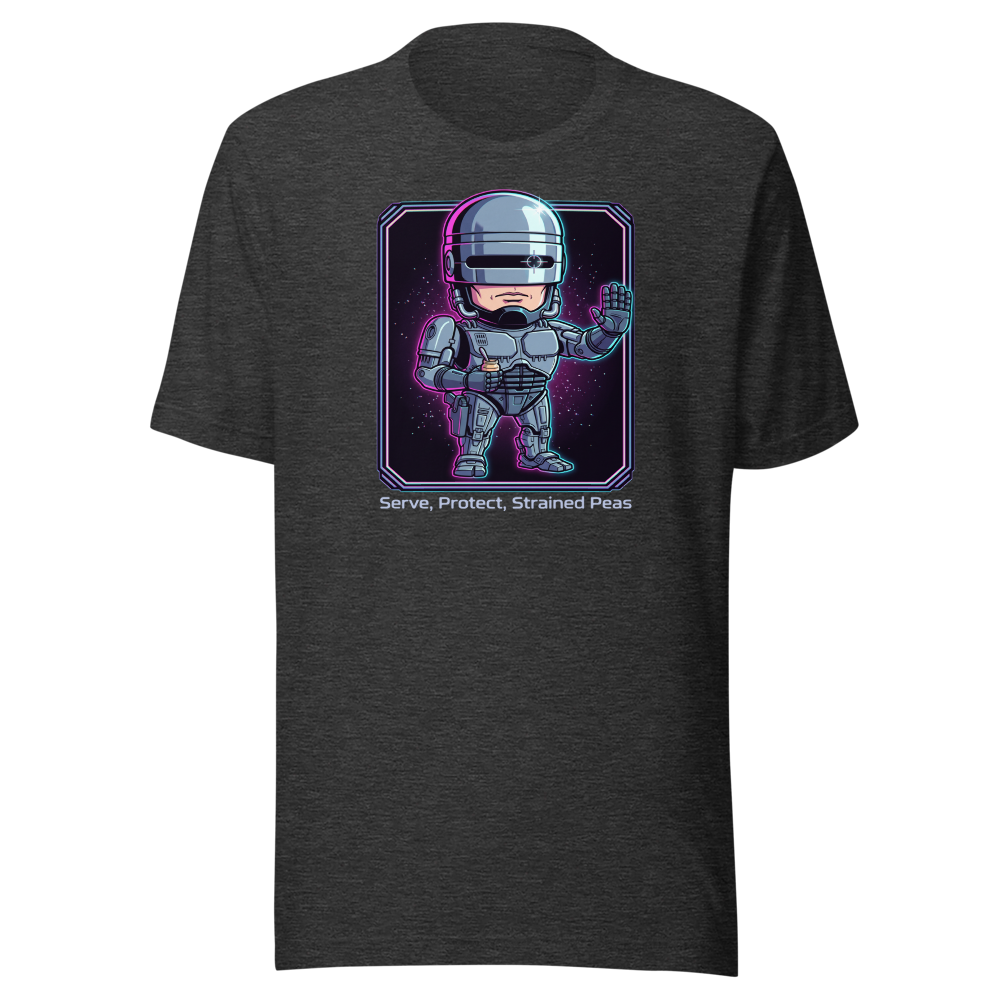 Cyborg Cop Strained Peas Cyberpunk Parody Tee — dark grey heather front view