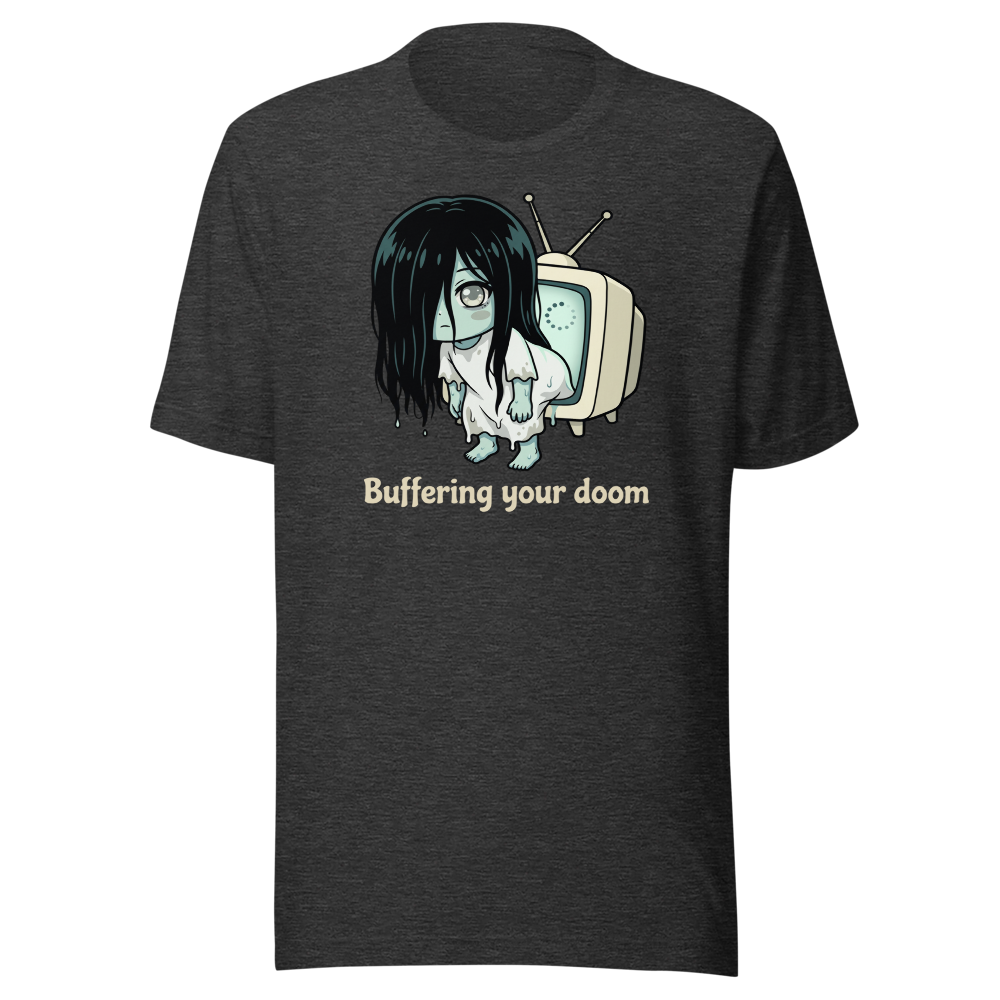 Buffering Your Doom Chibi Kawaii Horror Ghost Tee — dark grey heather front view