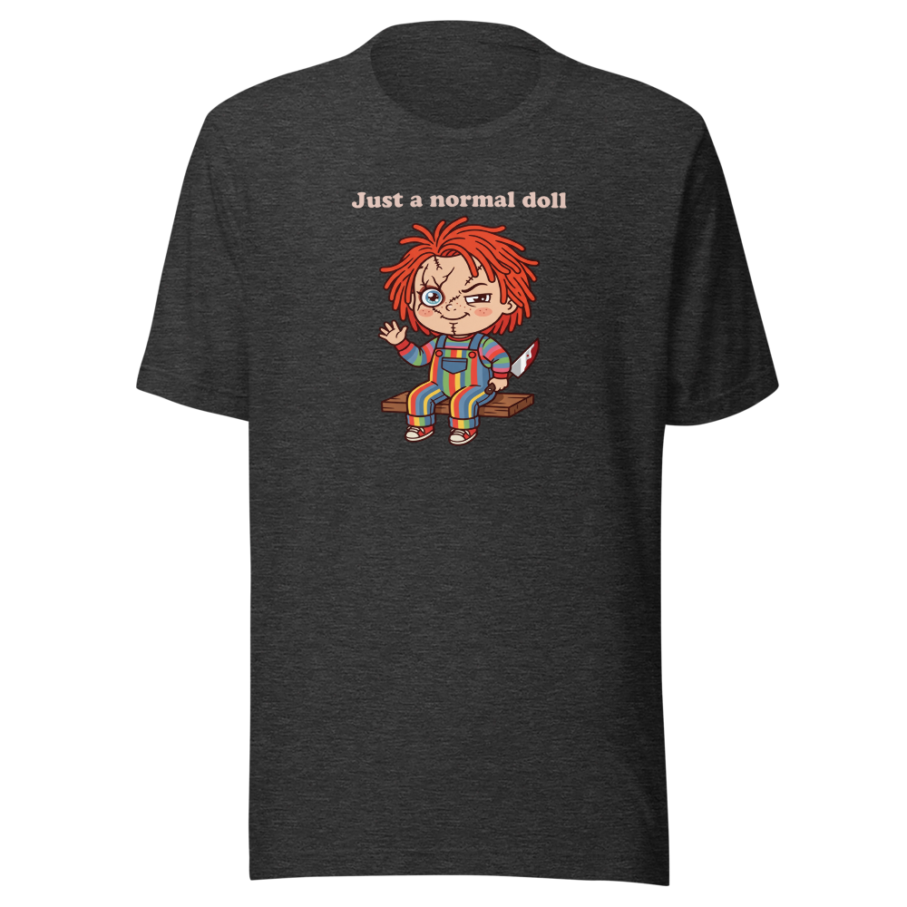 Just A Normal Doll Kawaii Killer Toy Horror Tee — dark grey heather front view