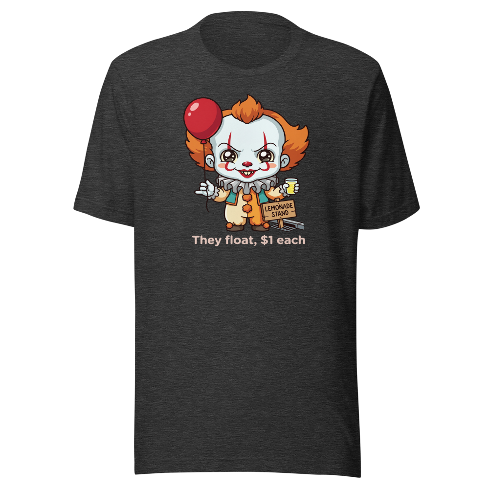 Chibi Creepy Clown Lemonade Stand Horror Parody Tee — dark grey heather front view