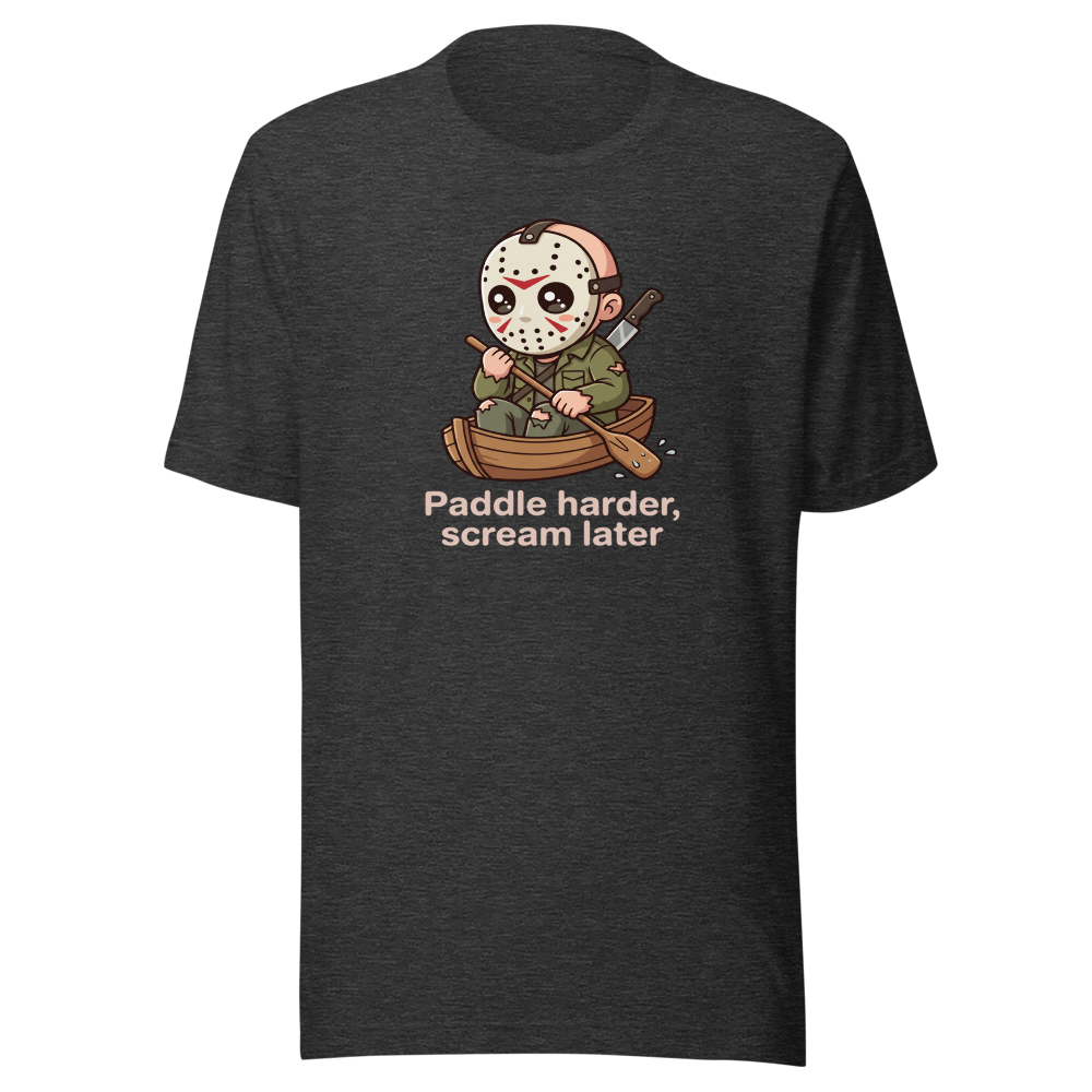 Chibi Slasher Camp Canoe Horror Parody Tee — dark grey heather front view