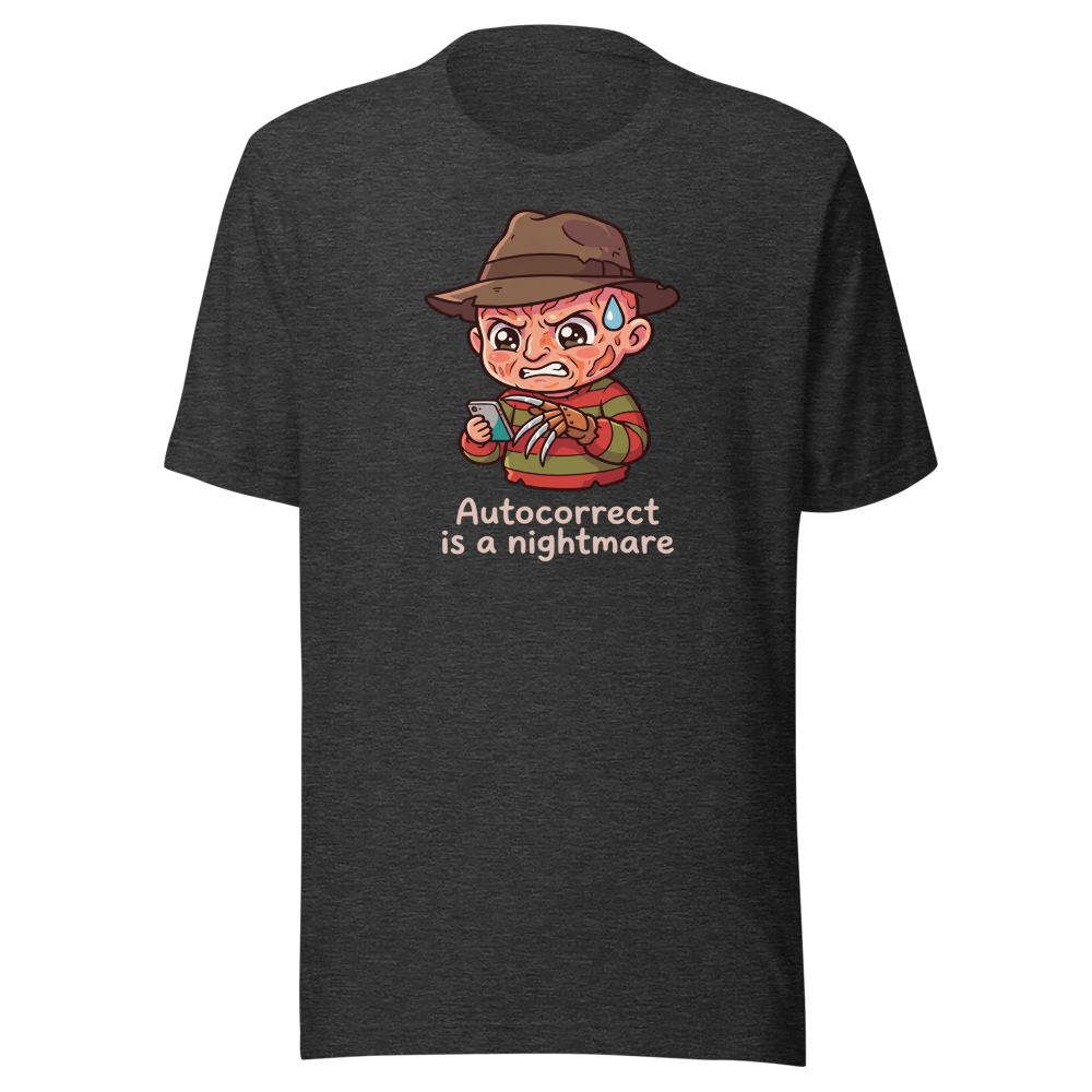 Chibi Slasher Autocorrect Nightmare Horror Parody Tee — dark grey heather front view