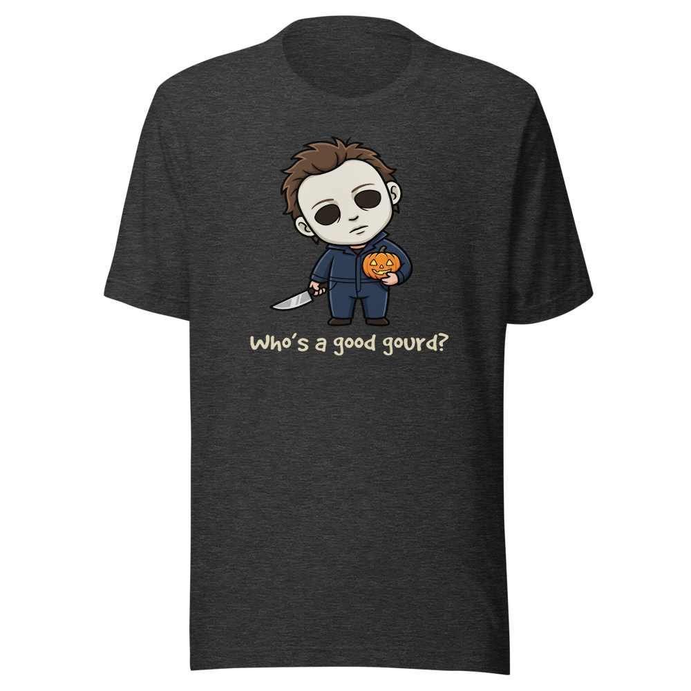Confused Puppy Slasher Chibi Pumpkin Halloween Tee — dark grey heather front view