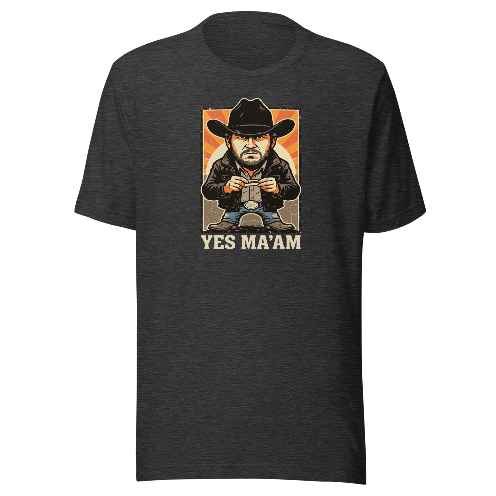 Yes Ma'am Ranch Hand Sunset Cowboy Western Tee — dark grey heather front view
