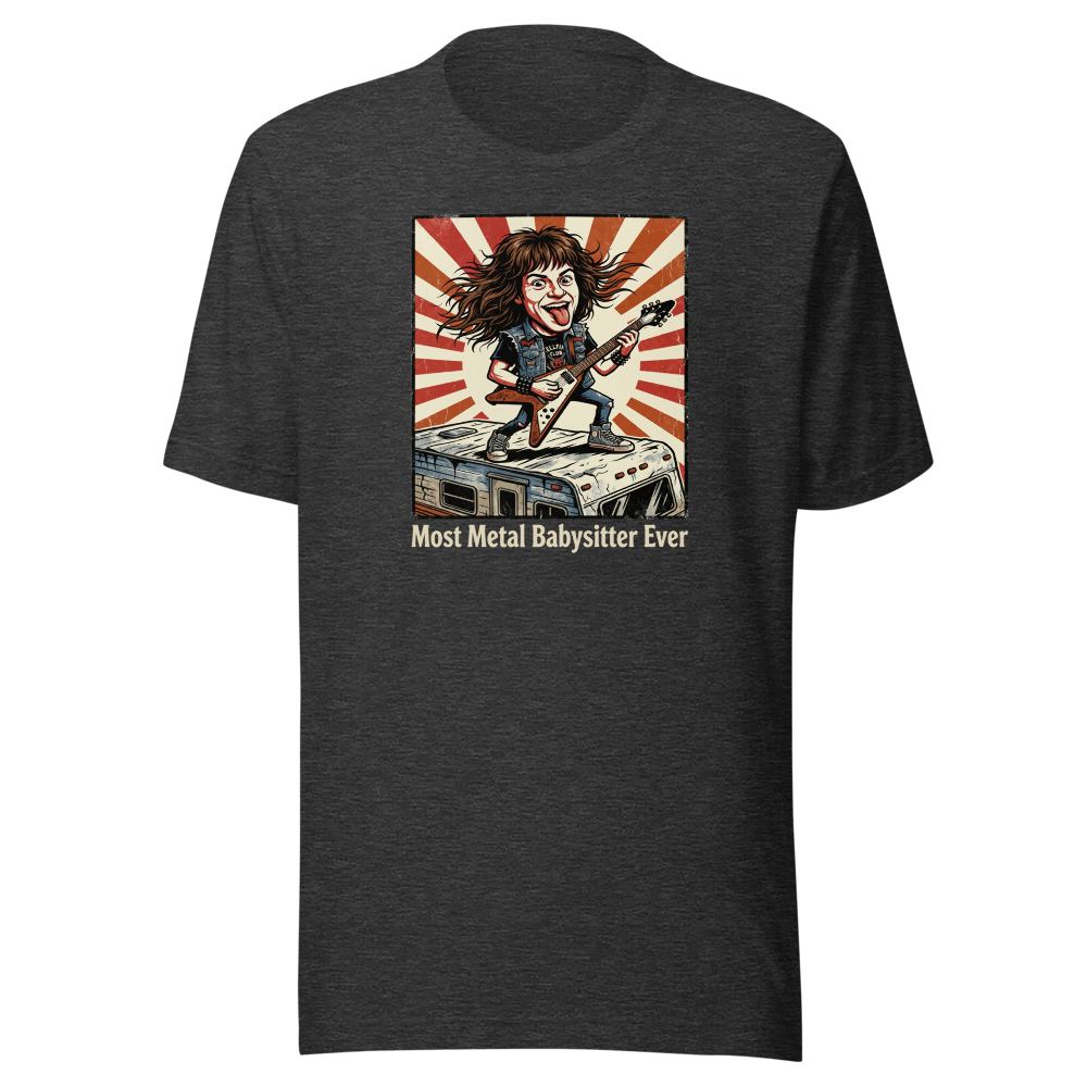 Most Metal Babysitter Ever Flying V Shredder Tee — dark grey heather front view