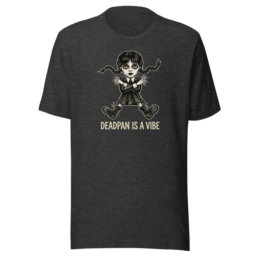 Deadpan Goth Dance Puppet Blackwork Linocut Tee — dark grey heather front view