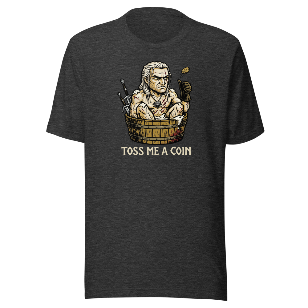 Grumpy Monster Hunter Bathtub Coin Toss Woodcut Tee — dark grey heather front view