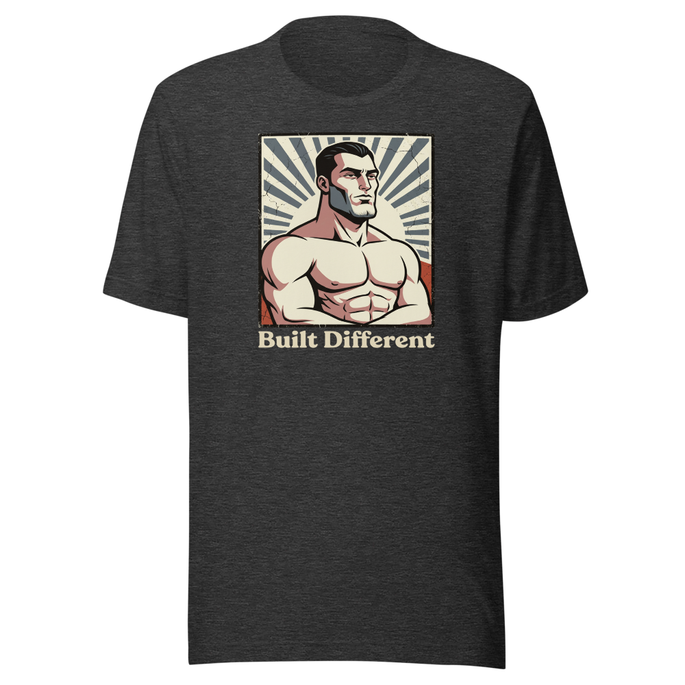 Built Different Chiseled Jaw Propaganda Meme Tee — dark grey heather front view
