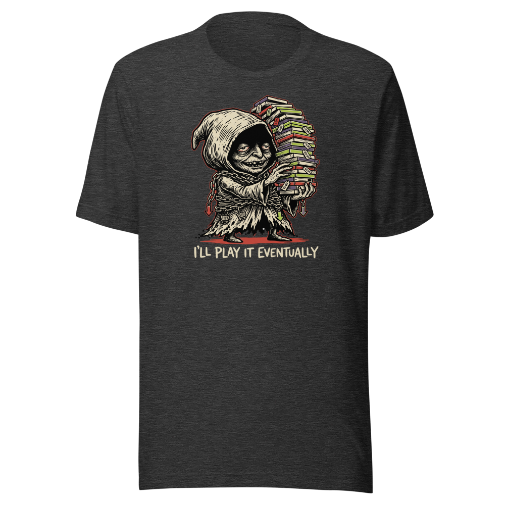 Eternal Sale Backlog Gremlin Linocut Gamer Tee — dark grey heather front view