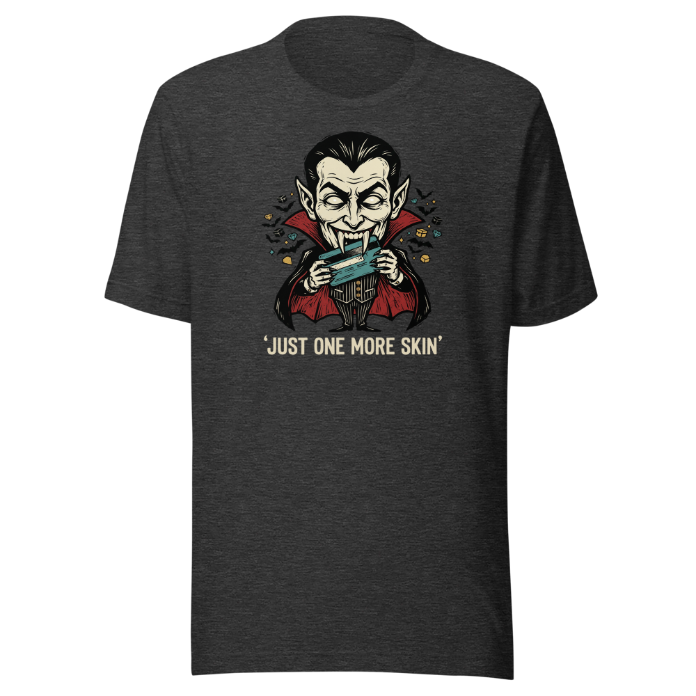 Microtransaction Vampire Woodcut Gaming Meme Tee — dark grey heather front view