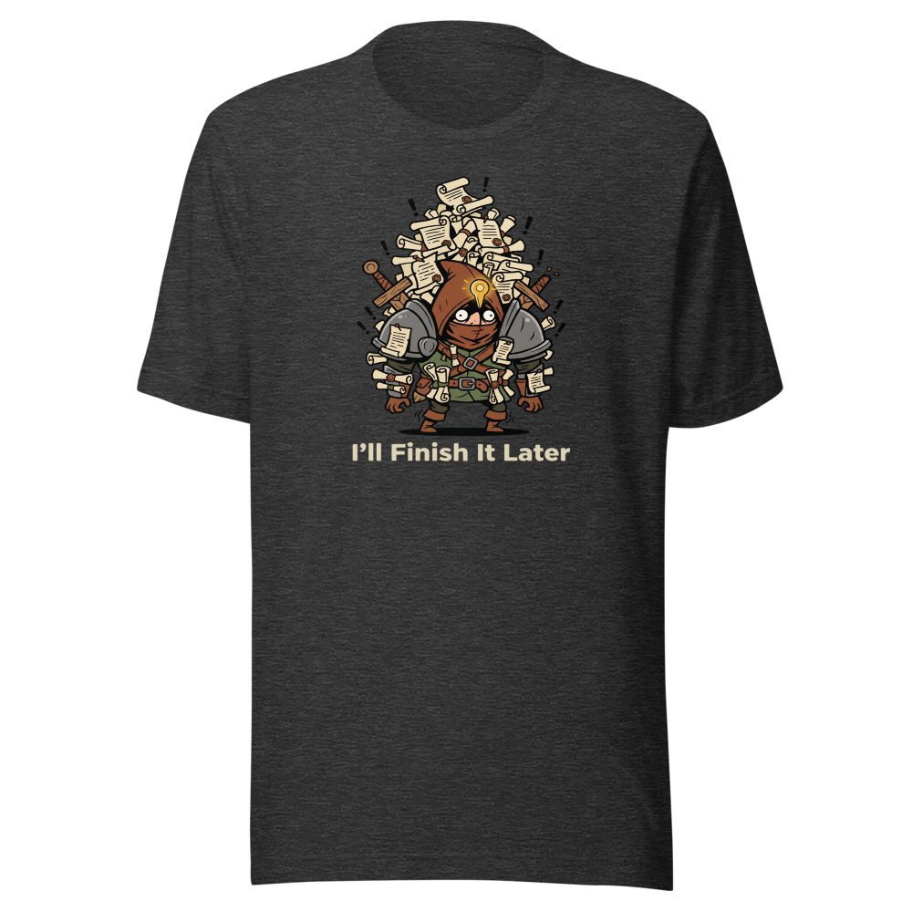 Side Quest Hoarder Retro RPG Gamer Tee — dark grey heather front view