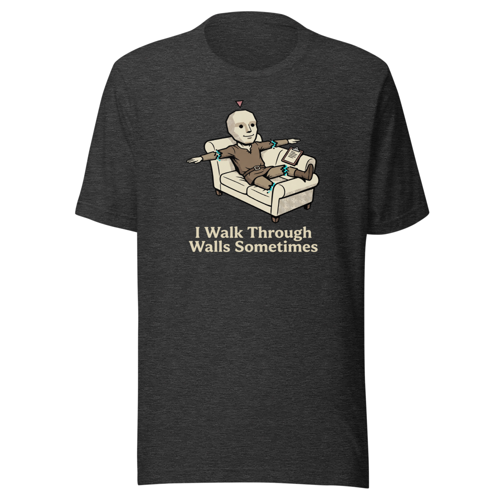 Glitched NPC Therapy Couch Wall-Walk Gamer Tee — dark grey heather front view