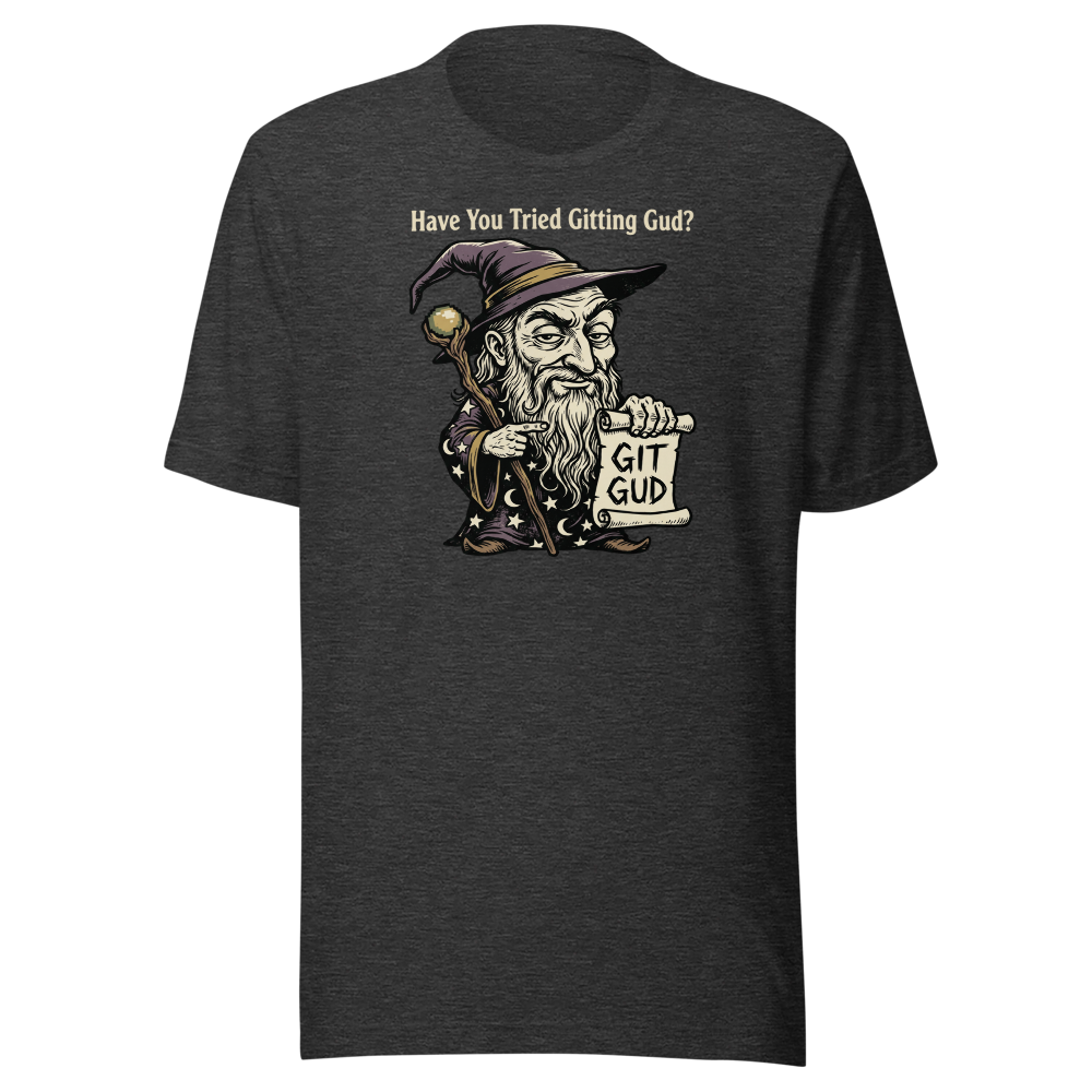 Git Gud Wizard Mentor Woodcut Gamer Meme Tee — dark grey heather front view