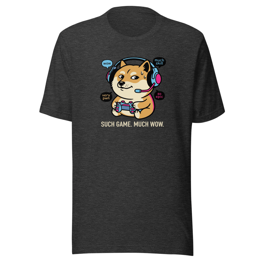 Sweaty Shiba Streamer Such Wow Gaming Meme Tee — dark grey heather front view