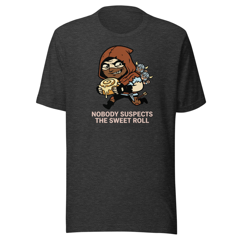 Nobody Suspects The Sweet Roll Retro RPG Thief Tee — dark grey heather front view
