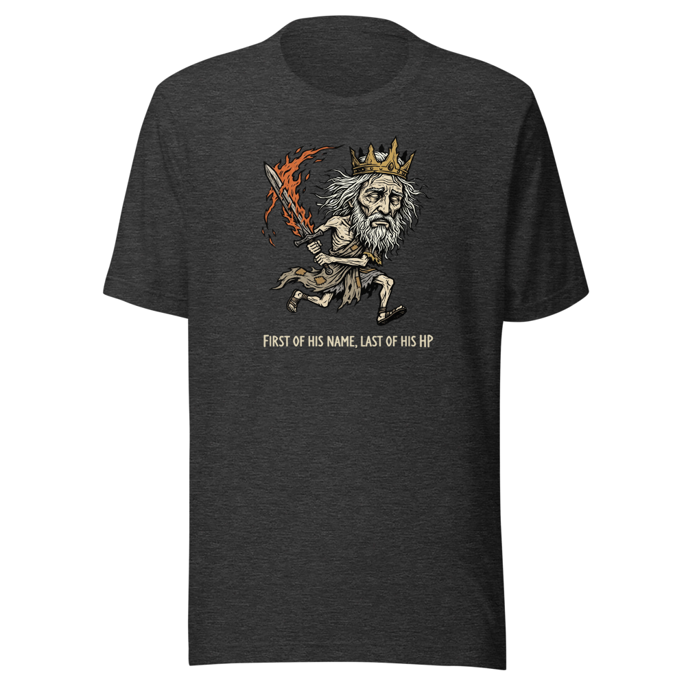 First Of His Name Last Of His HP Boss Tee — dark grey heather front view