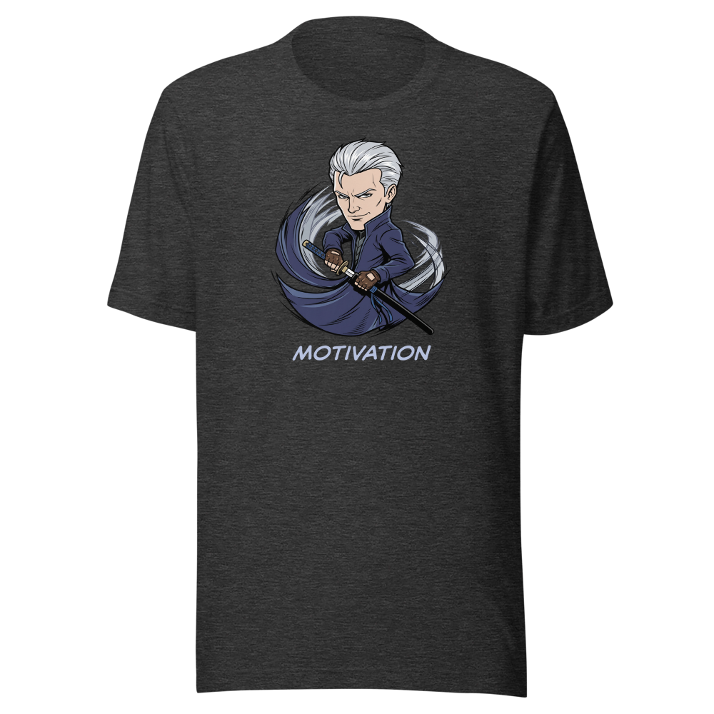 Stoic Swordsman Judgement Slash Motivation Tee — dark grey heather front view