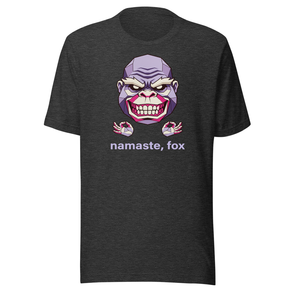 Namaste Fox Meditating Ape Boss Low Poly Tee — dark grey heather front view