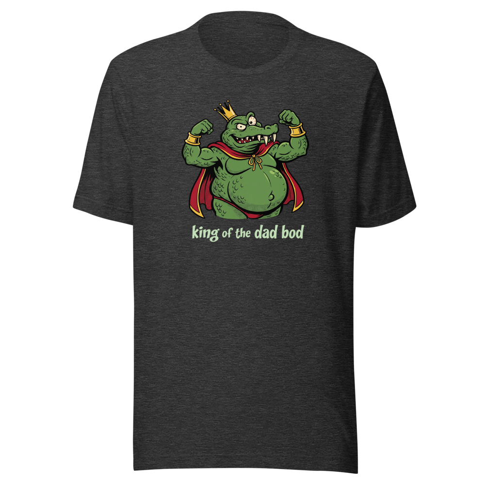 King of the Dad Bod Crocodile Pirate Comic Tee — dark grey heather front view