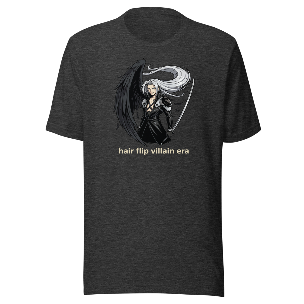 Hair Flip Villain Era Anime Swordsman Tee — dark grey heather front view