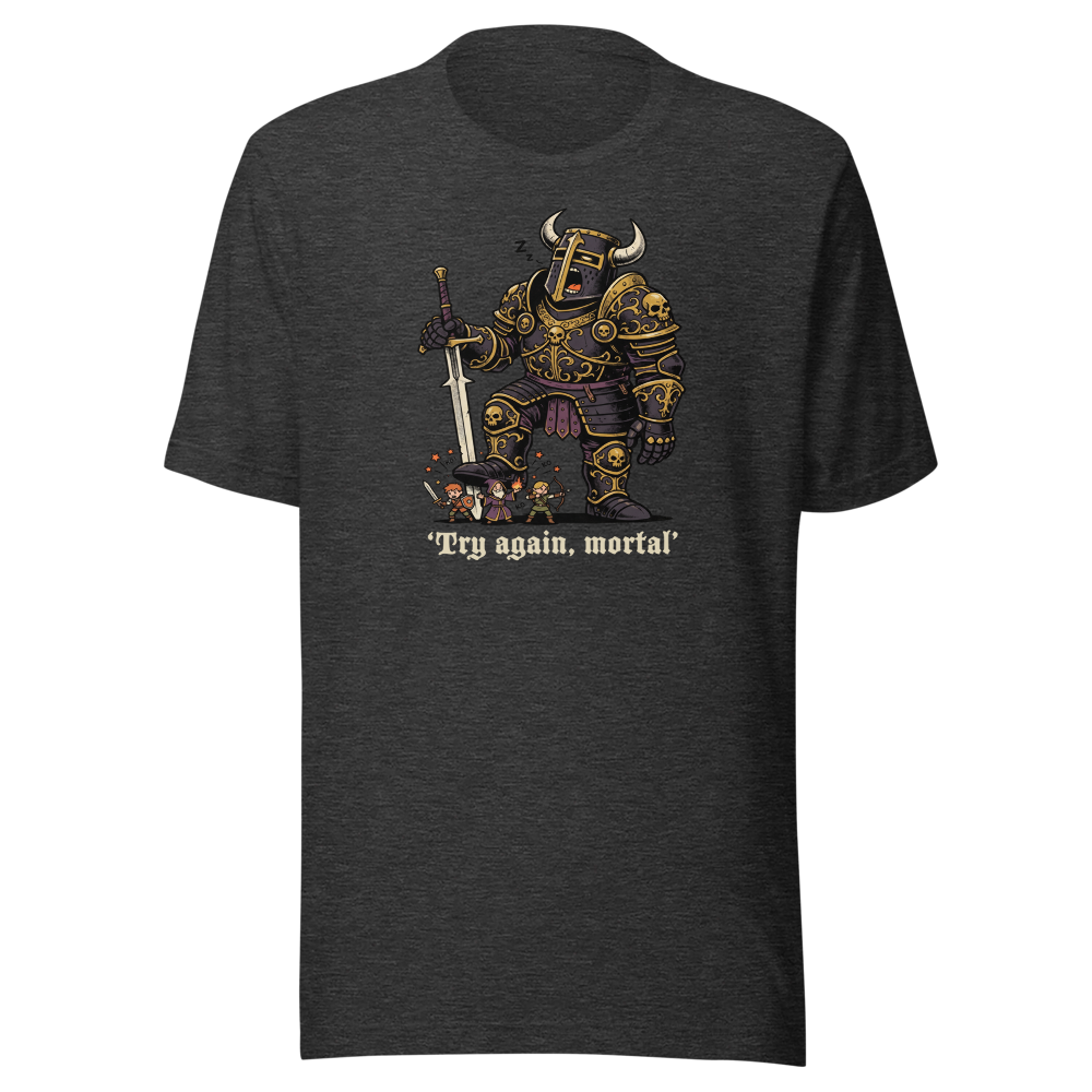 Try Again Mortal Optional Superboss RPG Tee — dark grey heather front view