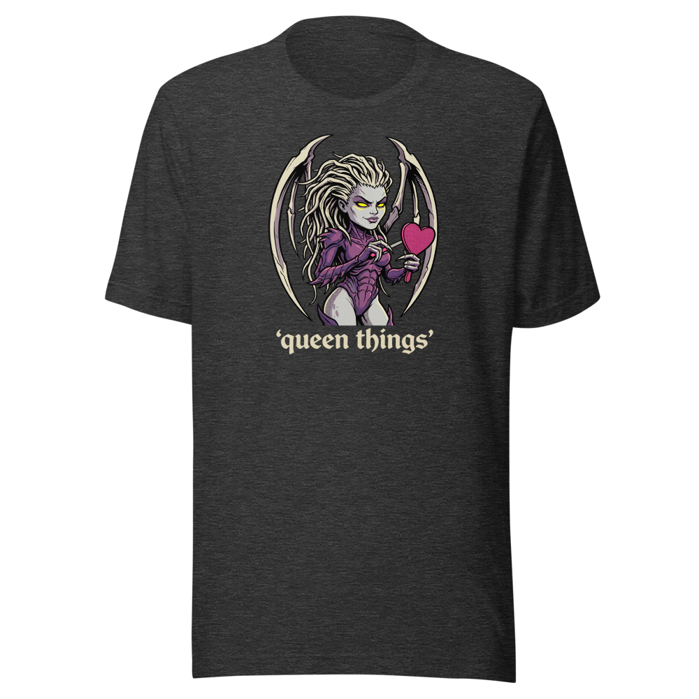 Queen Things Bone-Blade Vanity Boss Comic Ink Tee — dark grey heather front view