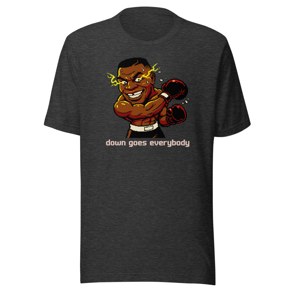 16-Bit Pixel Boxer Down Goes Everybody Retro Tee — dark grey heather front view