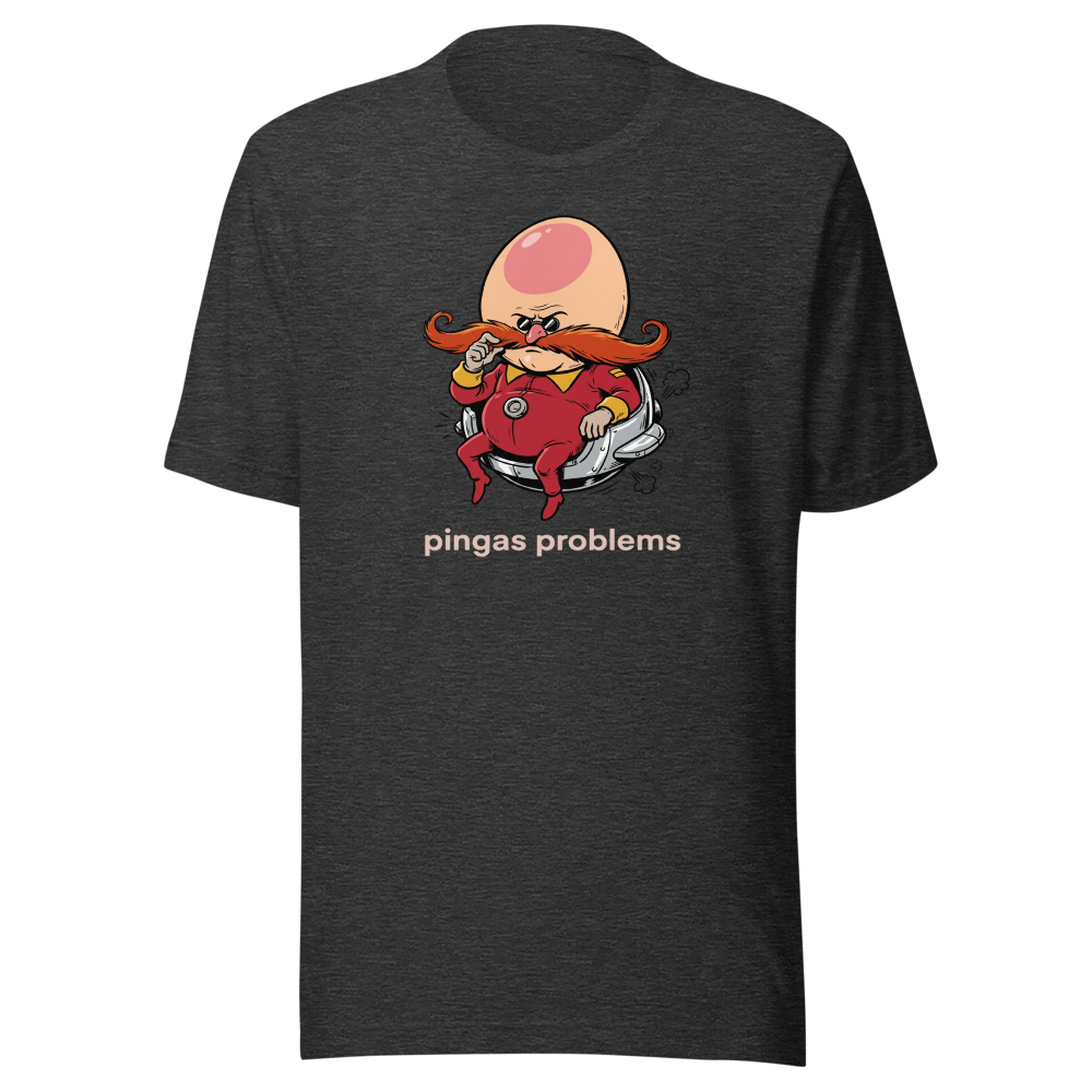 Egg-Shaped Villain Hover Pod Problems Tee — dark grey heather front view