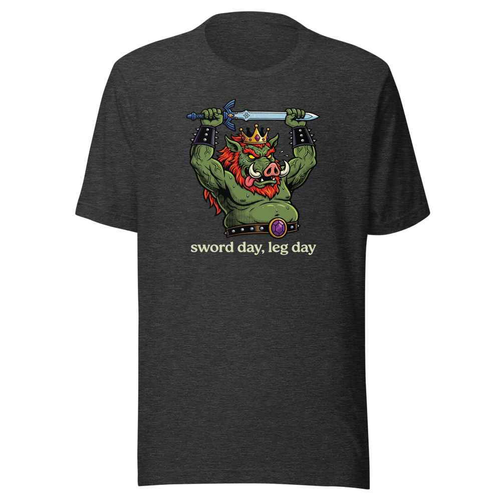 Sword Day Leg Day Boar King Boss Workout Tee — dark grey heather front view