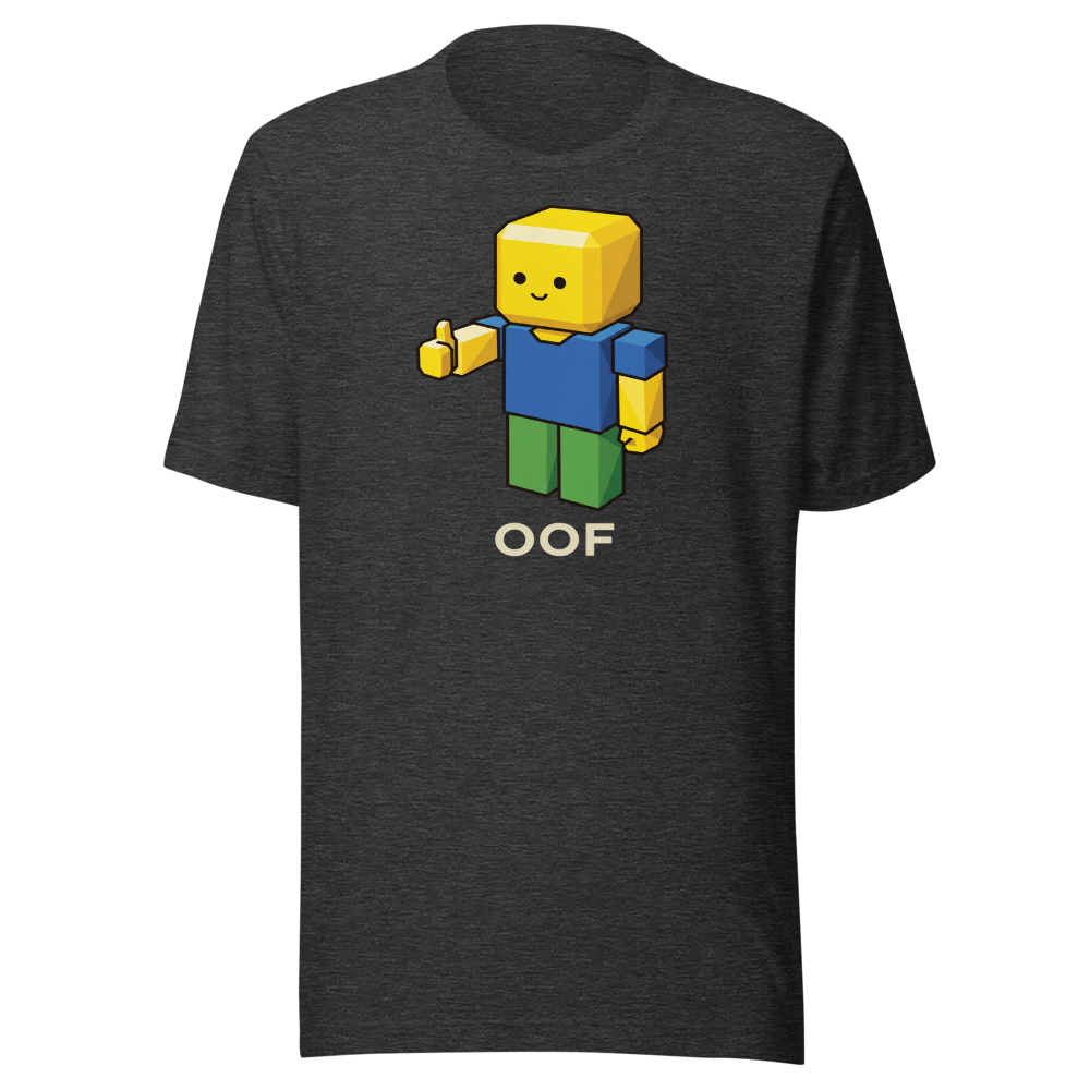 Low-Poly Blocky Noob Oof Sandbox Gamer Tee — dark grey heather front view