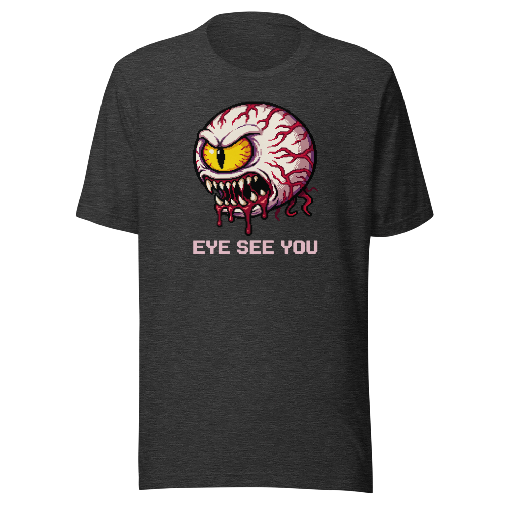 Eye See You Retro Pixel Boss Eyeball Gamer Tee — dark grey heather front view