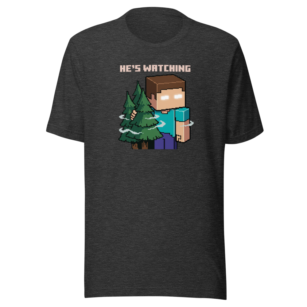 He's Watching Pixel Lurker Retro Sandbox Tee — dark grey heather front view