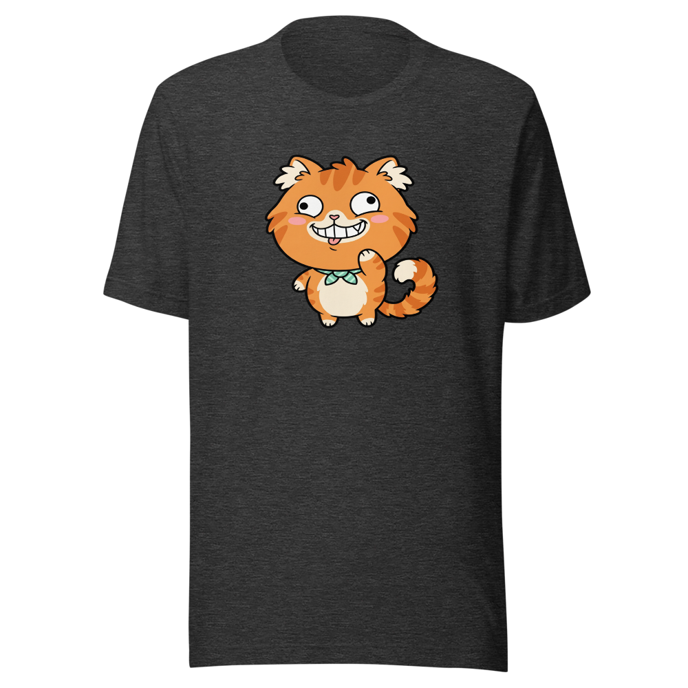 Derpy Orange Tabby Chibi Meme Cat Tee — Premium Tee — dark grey heather front view