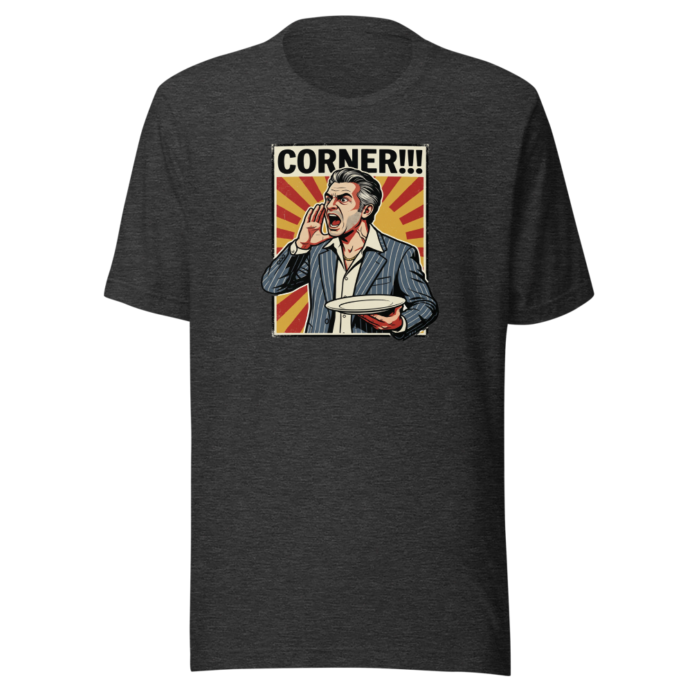 Corner Screaming Waiter Propaganda Fine Dining Tee — Premium Tee — dark grey heather front view