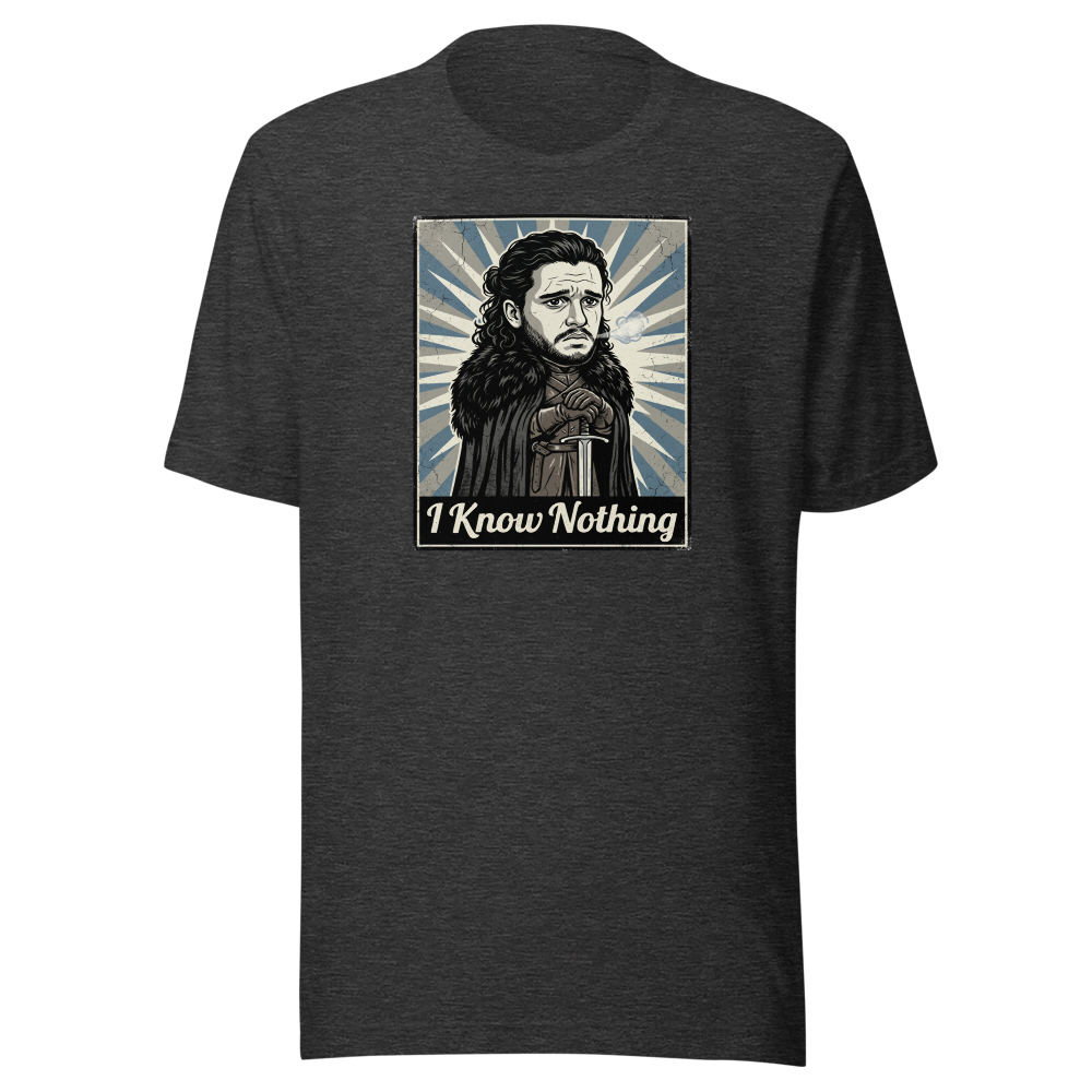 I Know Nothing Brooding Northern Hero Propaganda Tee — Premium Tee — dark grey heather front view