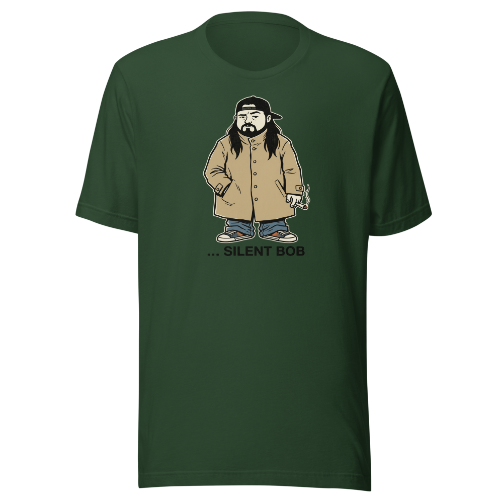 Silent Stoner Sidekick Trench Coat Punk Caricature Tee — Men's Premium Tee — forest front view