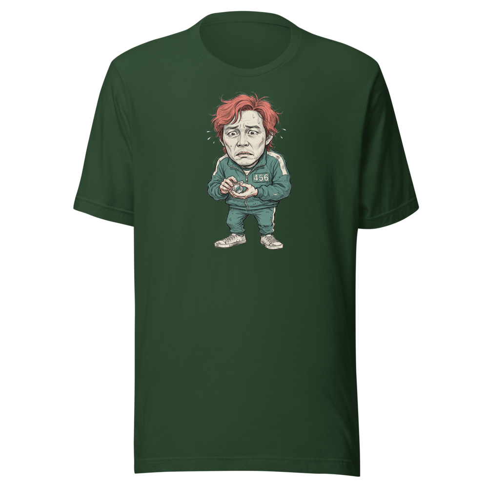 Player 456 Tracksuit Marble Panic Sketch Tee — forest front view
