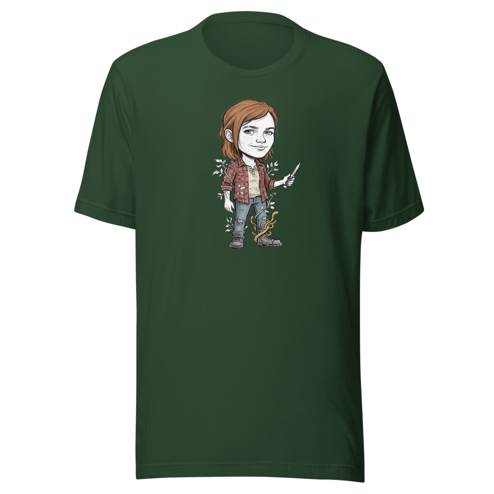 Post-Apocalyptic Survivor Girl Switchblade Sketch Tee — forest front view