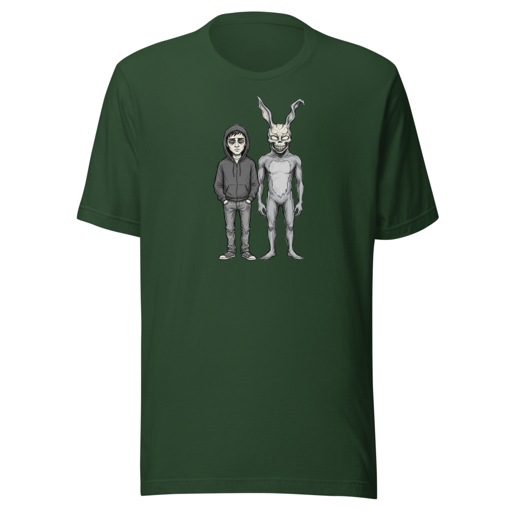 Doomed Teen and Demon Rabbit Sketch Cult Horror Tee — forest front view