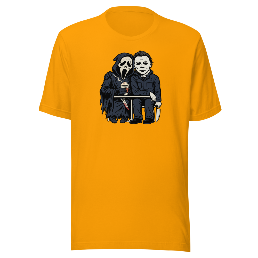 Masked Slashers Pumpkin Spice Latte Horror Tee — Men's Premium Tee — gold front view
