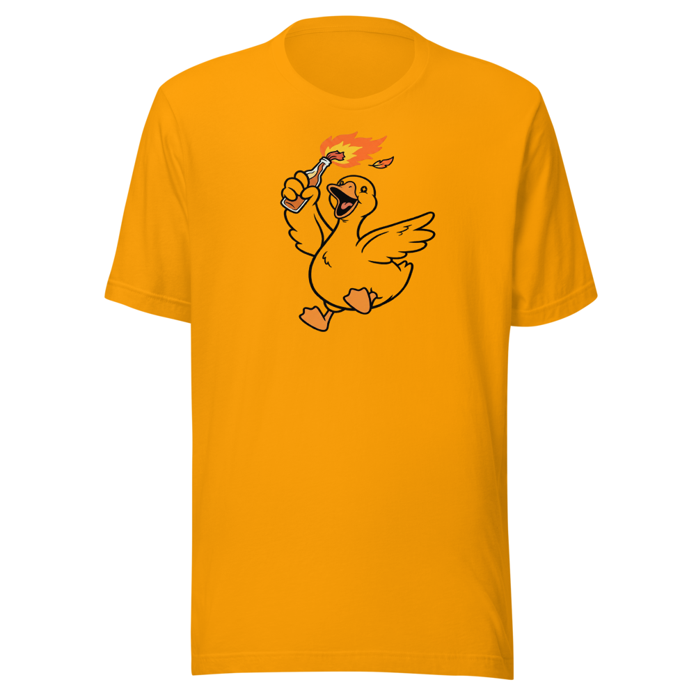 Feral Honking Bird Chaos Riot Graphic Tee — Men's Premium Tee — gold front view
