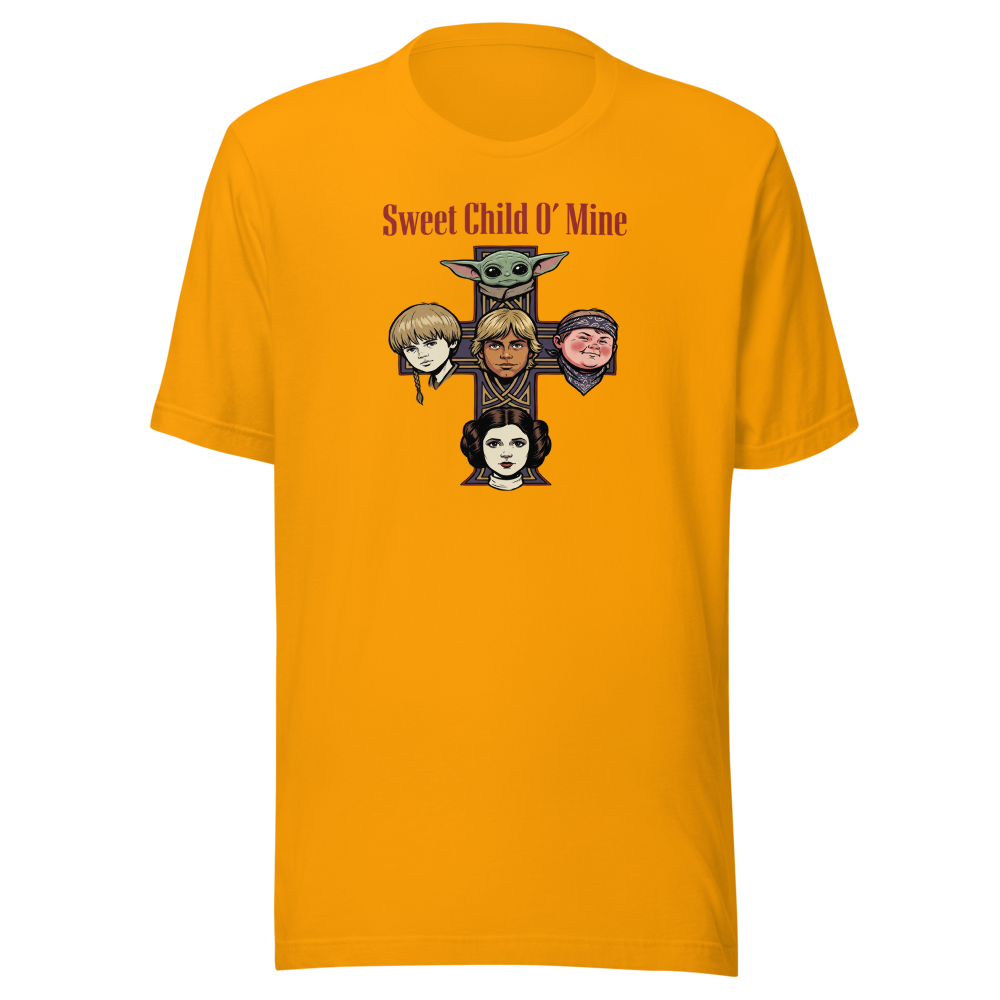 Sweet Child Sci-Fi Rock Cross album Parody Tee — gold front view