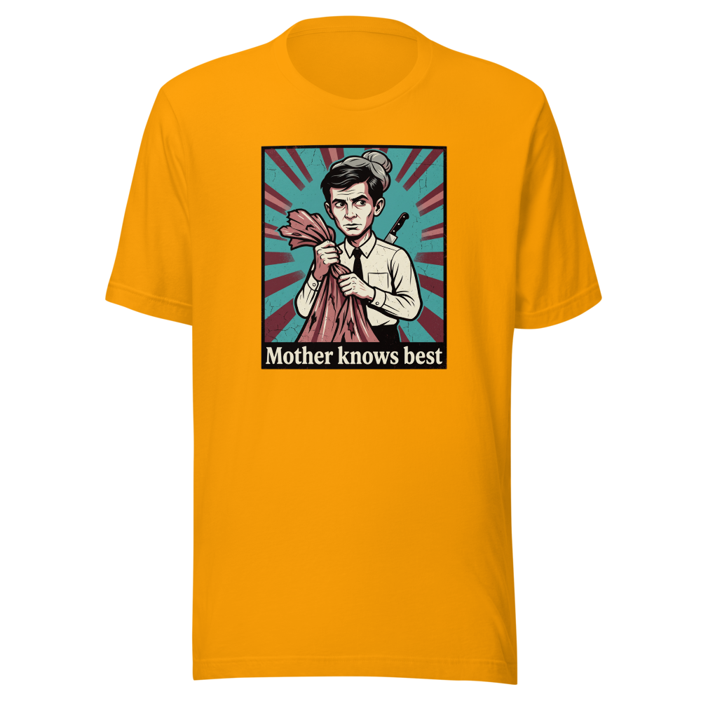 Mother Knows Best Motel Keeper Propaganda Tee — gold front view