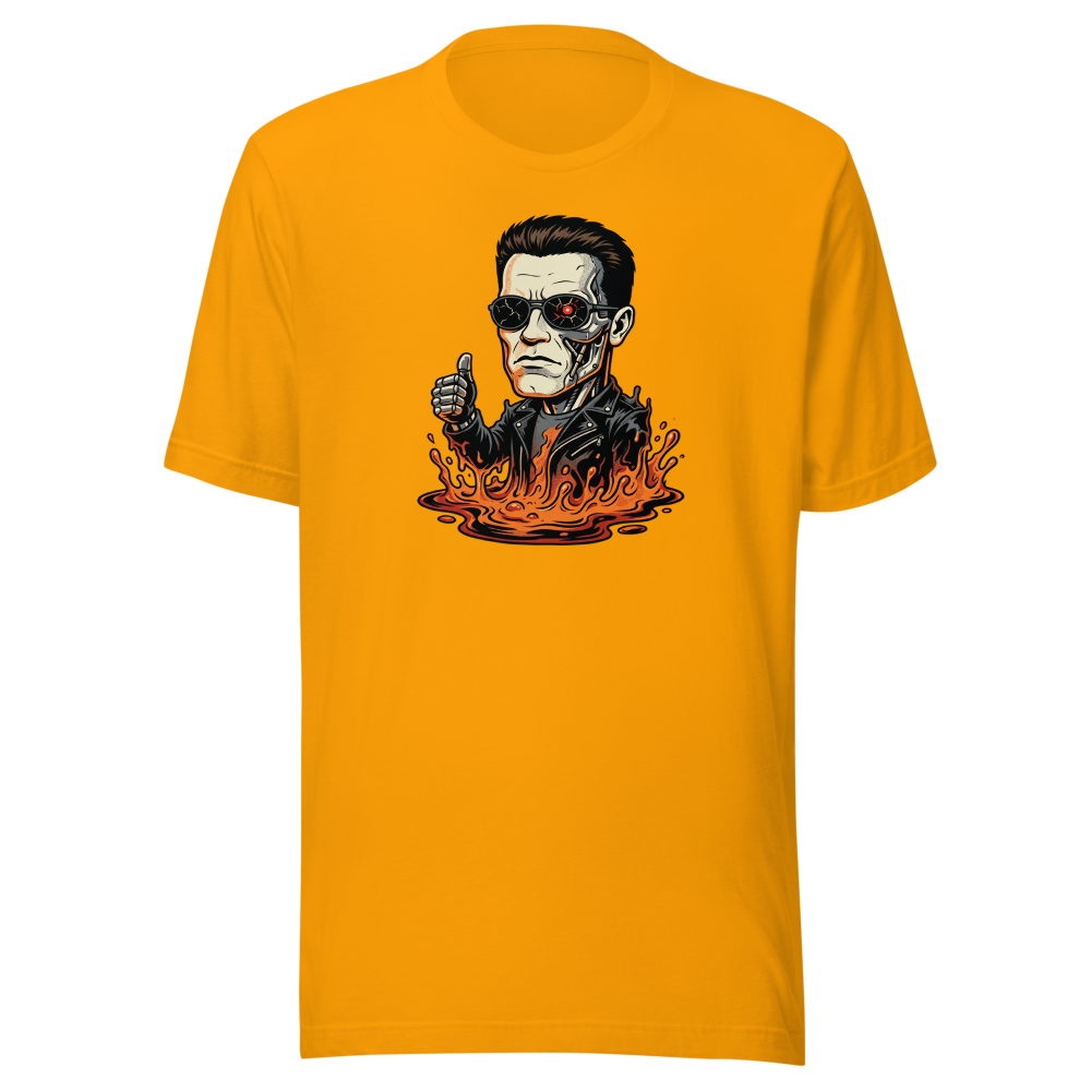 Molten Steel Thumbs Up Cyborg Comic Ink Tee — gold front view