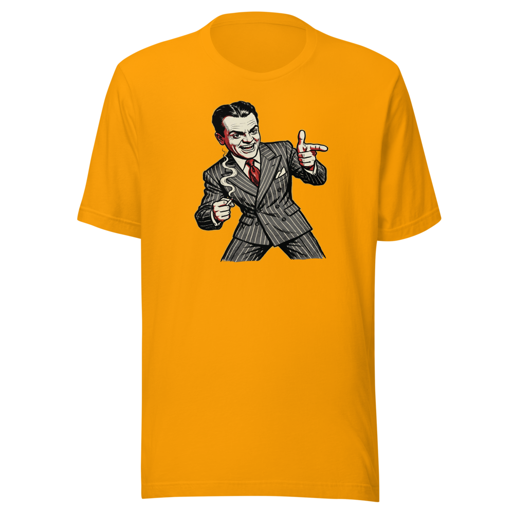 Pinstripe Gangster Finger-Gun Punk Caricature Tee — gold front view