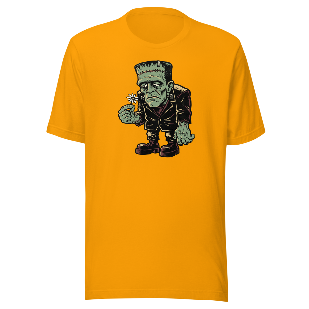 Confused Stitched Monster Holding Daisy Woodcut Tee — gold front view