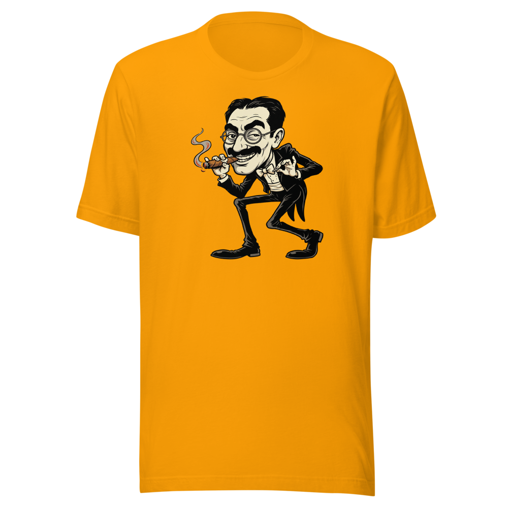 Sneaky Vaudeville Comedian Cigar Caricature Tee — gold front view