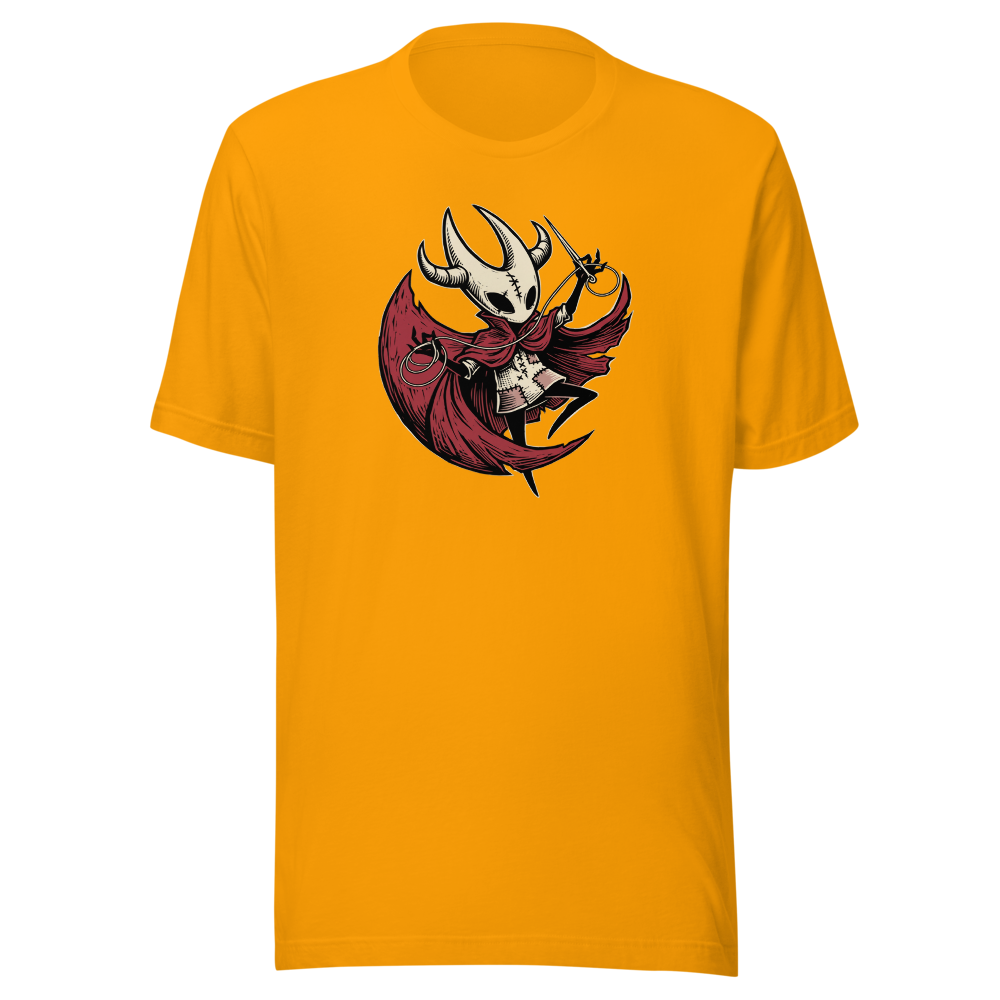 Needle Duelist Bug Warrior Linocut Tee — gold front view