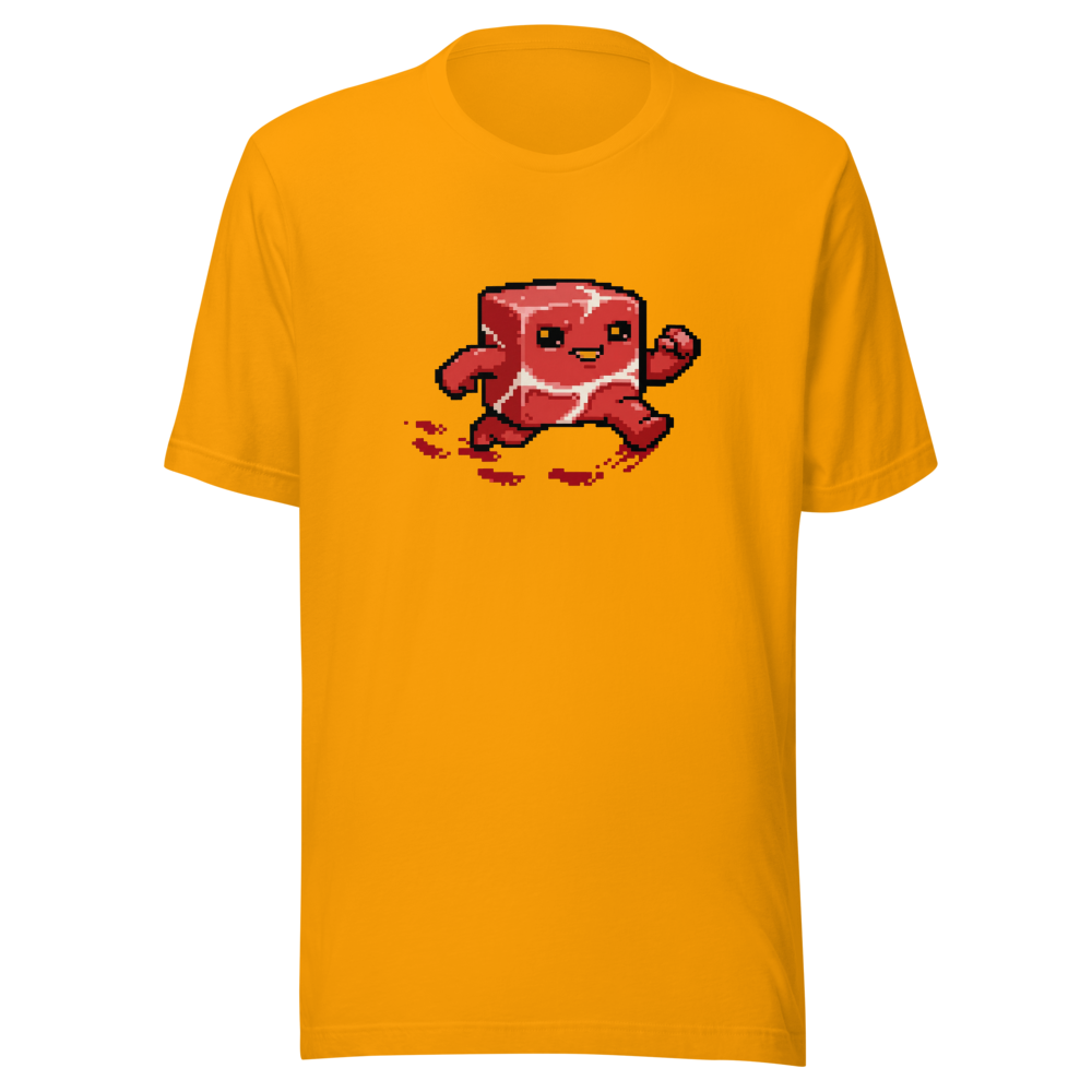 Running Meat Cube 16-Bit Pixel Platformer Tee — gold front view