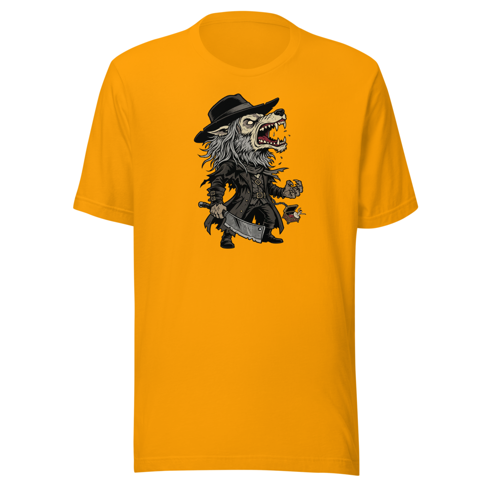 Beast Hunter Howling Tricorn Cleaver Comic Ink Tee — gold front view